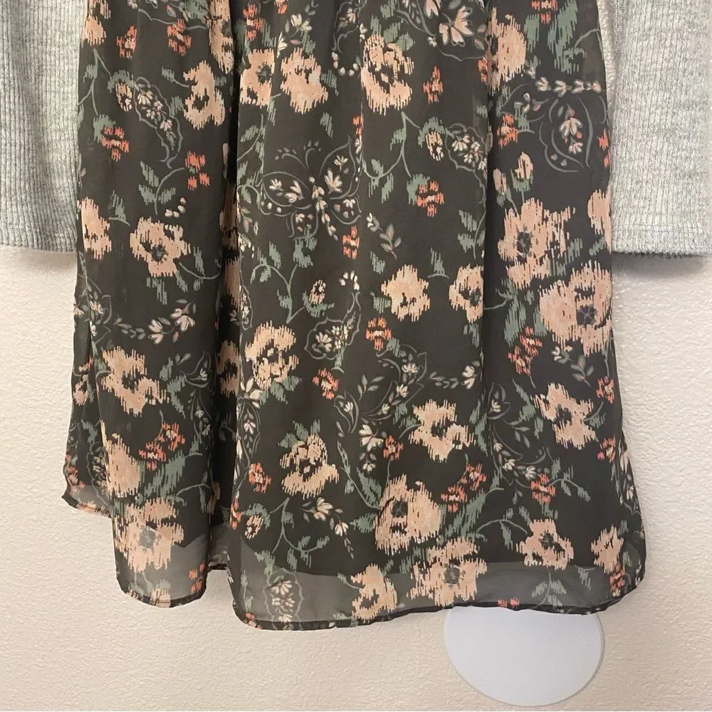 OshKosh gray cozy knit ribbed crew neck long sleeve sweater dress floral 14